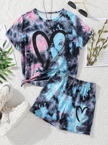 SHEIN Tween Girl Tie Dye Heart Print Tee & Shorts - Multicolor - View 1