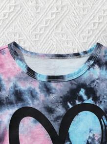 SHEIN Tween Girl Tie Dye Heart Print Tee & Shorts - Multicolor - View 3