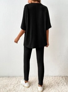 SHEIN LUNE 素色落肩T恤和緊身打底褲 - 黑色 - 查看 2