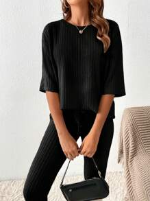 SHEIN LUNE 素色落肩T恤和緊身打底褲 - 黑色 - 查看 6