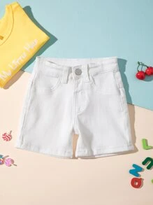 Baby Girl Patched Pocket Washed Denim Shorts