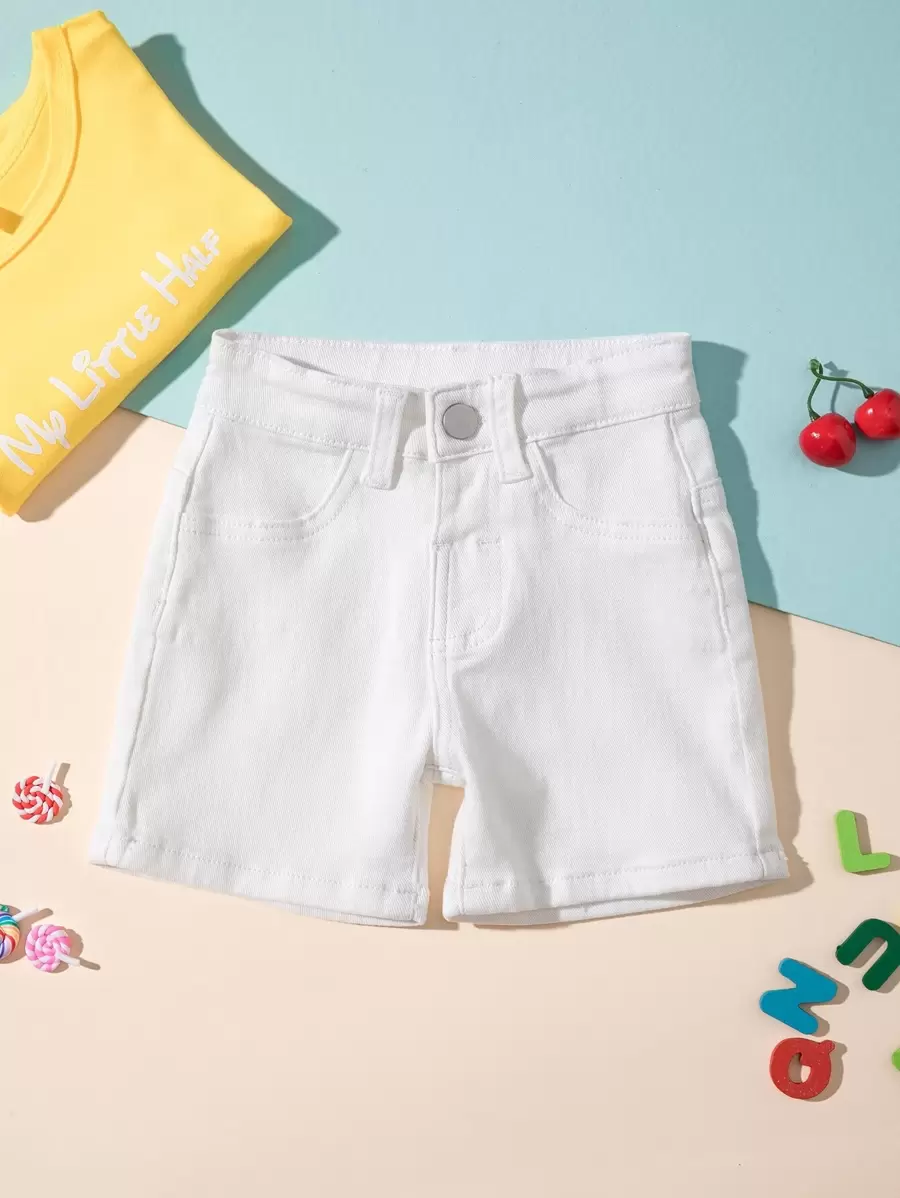Baby Girl Patched Pocket Washed Denim Shorts