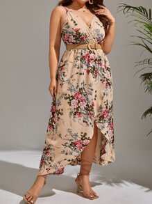 SHEIN VCAY Plus Floral Print Wrap Hem Cami Dress Without Belt - Apricot - View 4