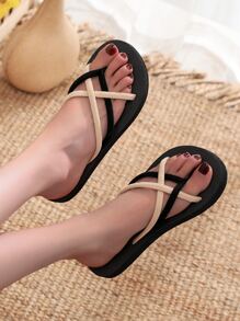 Fashion Slippers For Women, Faux Suede Two Tone Toe Post Design Flip Flops - Khaki - View 1