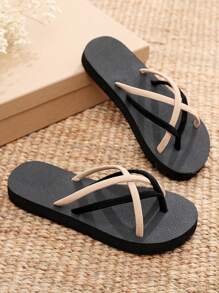 Fashion Slippers For Women, Faux Suede Two Tone Toe Post Design Flip Flops - Khaki - View 2