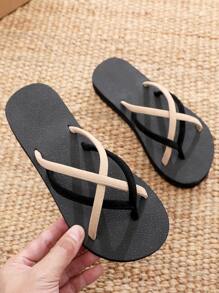 Fashion Slippers For Women, Faux Suede Two Tone Toe Post Design Flip Flops - Khaki - View 3