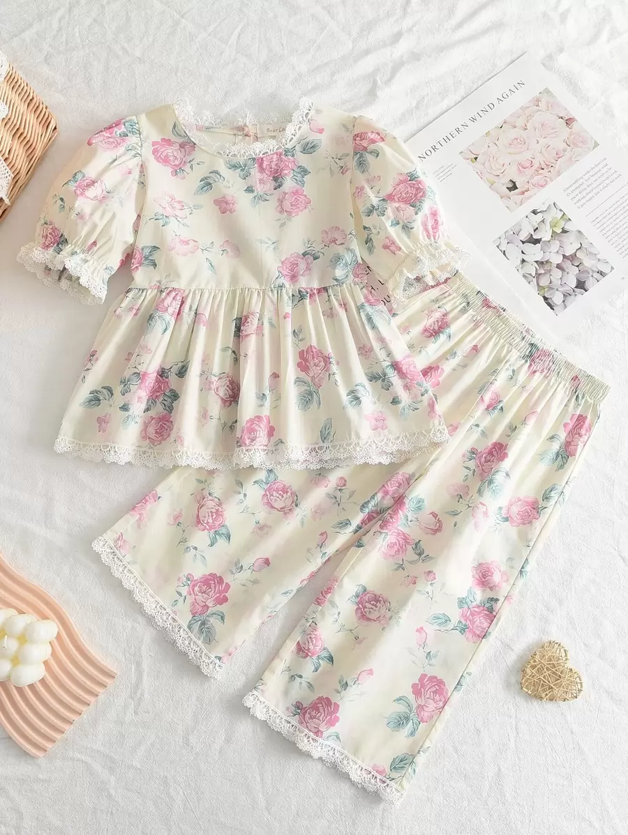 Young Girls' 2pcs  Flower Printed Lace Trimmed Puff Sleeve Shirt And Wide Leg Pants Set