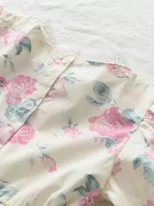 Young Girls' 2pcs  Flower Printed Lace Trimmed Puff Sleeve Shirt And Wide Leg Pants Set