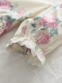 Young Girls' 2pcs  Flower Printed Lace Trimmed Puff Sleeve Shirt And Wide Leg Pants Set