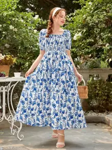 SHEIN Đầm Gái Dải chun Hoa Tất cả trên in Boho - Xanh và trắng - Xem 1