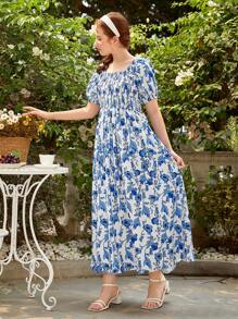 SHEIN Đầm Gái Dải chun Hoa Tất cả trên in Boho - Xanh và trắng - Xem 5