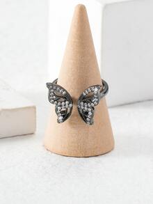 1 pieza Anillo hueco de mariposa con incrustaciones de cobre y diamantes de imitación - Negro - Ver 2