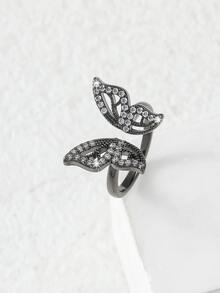 1 pieza Anillo hueco de mariposa con incrustaciones de cobre y diamantes de imitación - Negro - Ver 4