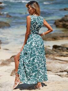 SHEIN VCAY Allover Plants Print Cut Out Waist Dress - Multicolor - View 2