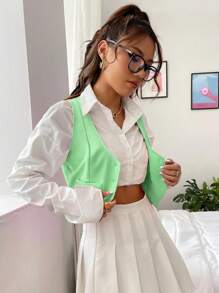 SHEIN Qutie Button Front Crop Waistcoat Without Blouse - Green - View 4