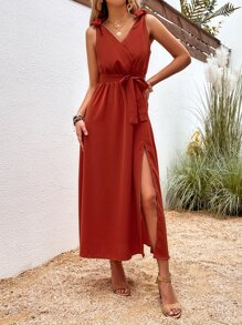 Breezaya Solid Knot Shoulder Split Thigh Belted Dress - Orange - View 6