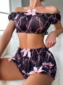 Bow Front Frill Trim Lingerie Set - Black - View 1