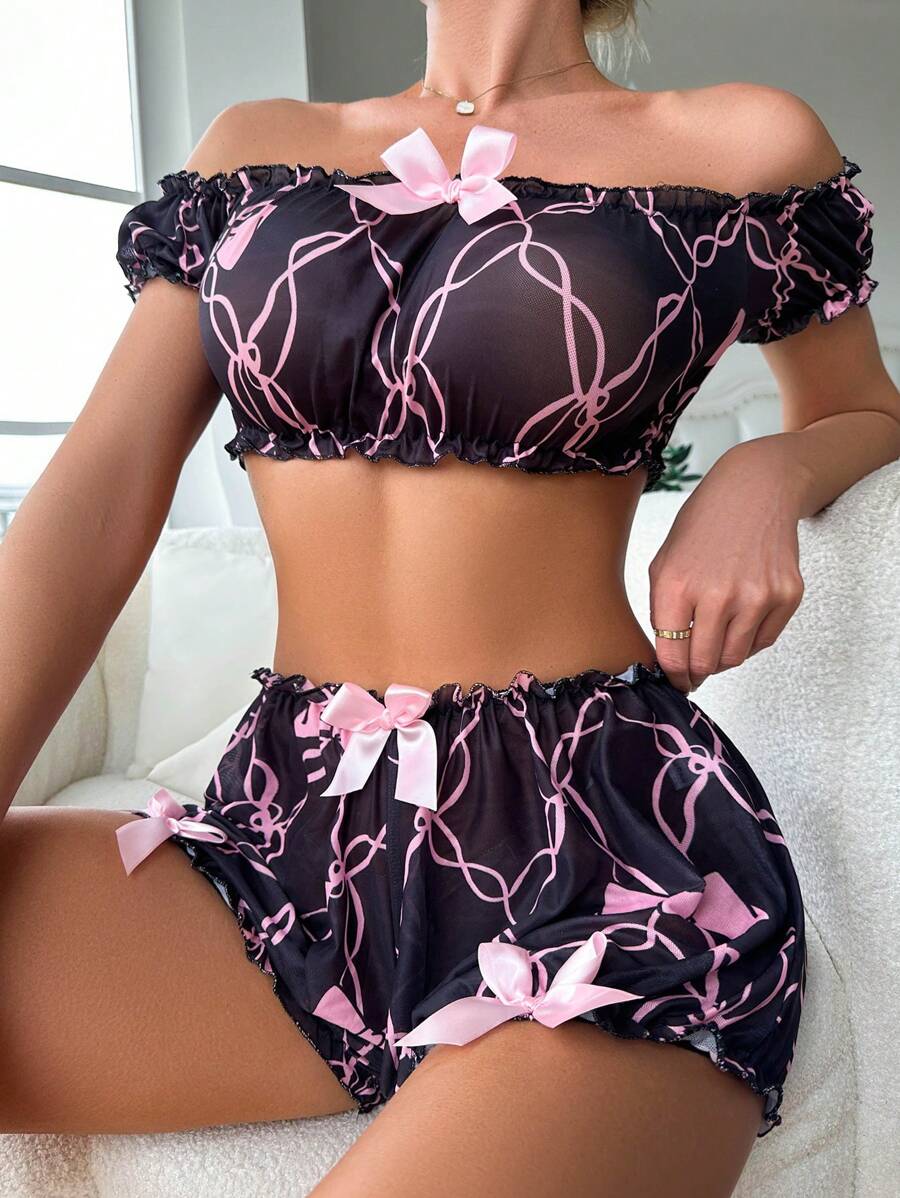 Bow Front Frill Trim Lingerie Set - Black - View 1