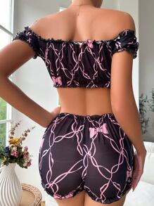 Bow Front Frill Trim Lingerie Set - Black - View 2