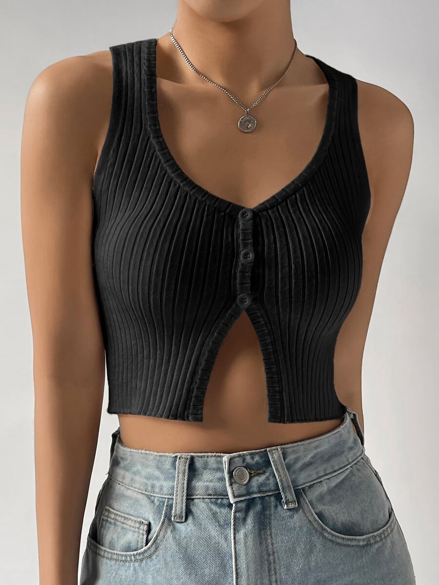 SHEIN EZwear 前紐扣針織短上衣 - 黑色 - 查看 1