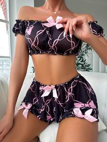Bow Front Frill Trim Lingerie Set - Black - View 4