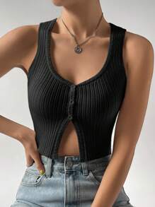 SHEIN EZwear 前紐扣針織短上衣 - 黑色 - 查看 4