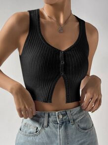 SHEIN EZwear 前紐扣針織短上衣 - 黑色 - 查看 6