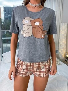 卡通圖案T恤和格紋印花短褲睡衣套裝 - 彩色 - 查看 4