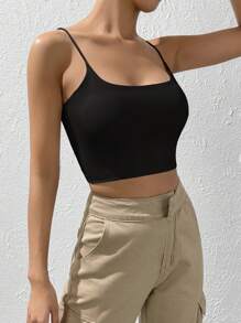 SHEIN EZwear Solid Crop Cami Black Top - Black - View 3