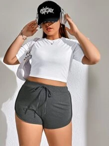 SHEIN EZwear Plus Tie Waist Dolphin Hem Shorts - Dark Grey - View 3
