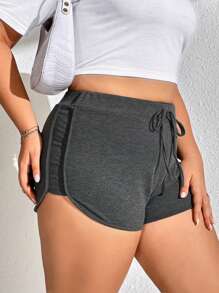 SHEIN EZwear Plus Tie Waist Dolphin Hem Shorts - Dark Grey - View 4