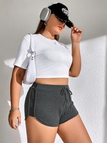 SHEIN EZwear Plus Tie Waist Dolphin Hem Shorts - Dark Grey - View 5