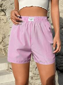 SHEIN EZwear Striped Print Patch Detail Shorts - Pink - View 1