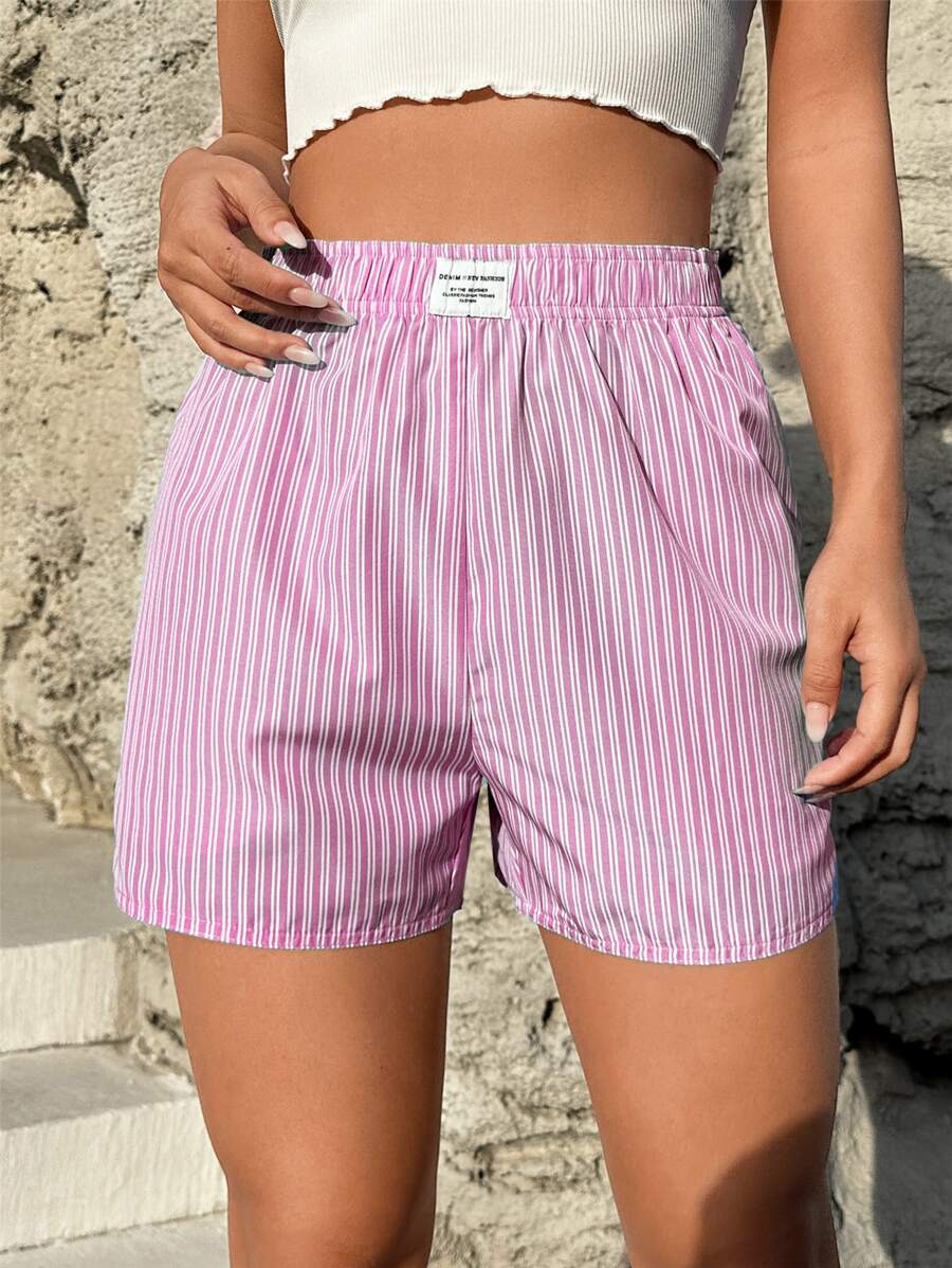 SHEIN EZwear Striped Print Patch Detail Shorts - Pink - View 1
