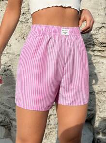 SHEIN EZwear Striped Print Patch Detail Shorts - Pink - View 4