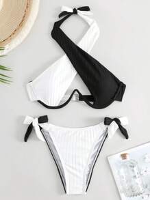 SHEIN Swim 雙色比基尼套裝十字交叉鏤空鋼圈胸罩上衣和側繫帶泳衣下裝2入組泳衣 - 黑與白 - 查看 3