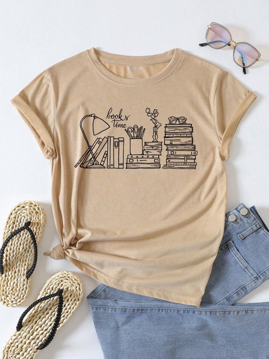 SHEIN Essnce Book & Letter Graphic Tee - Khaki - View 1