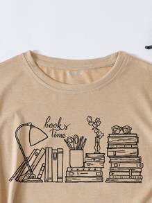 SHEIN Essnce Book & Letter Graphic Tee - Khaki - View 3