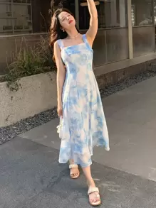 DAZY Váy yếm nhuộm loang - Xanh và trắng - Xem 4