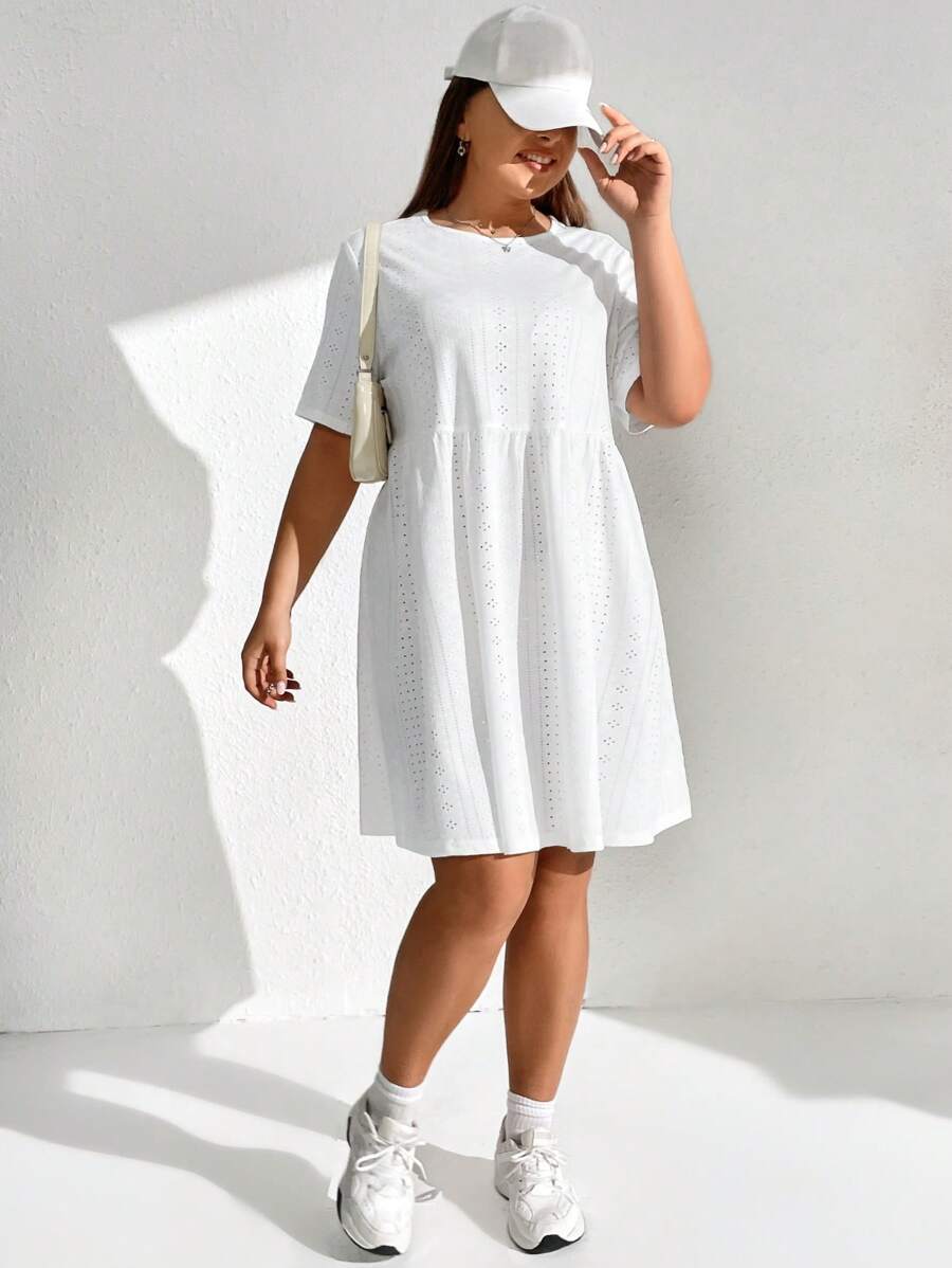SHEIN EZwear 大碼網眼刺繡娃娃裙 - 白色 - 查看 1