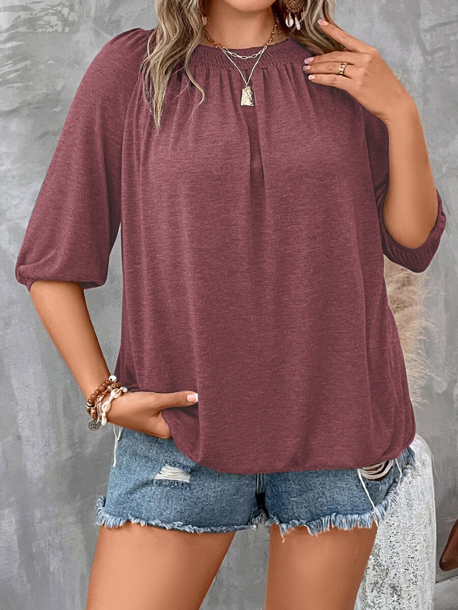 SHEIN LUNE 大碼素色插肩袖T恤 - 紅木色 - 查看 1