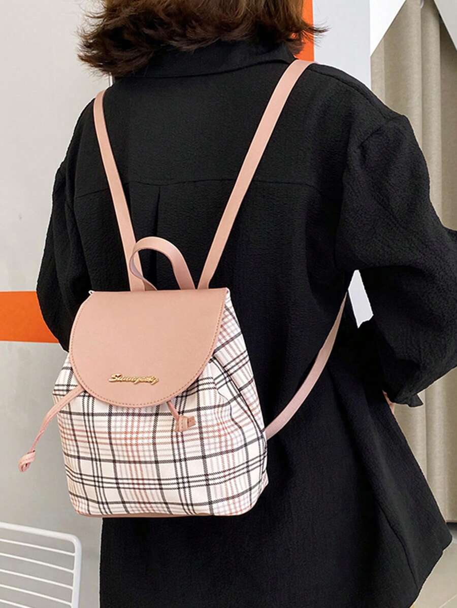 1 mochila de cubo de gran capacidad a cuadros de moda rosa, bolso de hombro para uso diario - Rosa - Ver 1