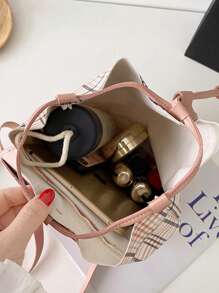 1 mochila de cubo de gran capacidad a cuadros de moda rosa, bolso de hombro para uso diario - Rosa - Ver 3