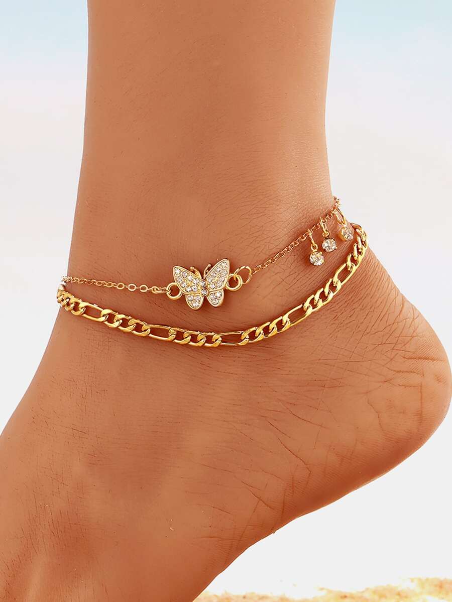 Rhinestone bướm trang trí vòng chân nhiều lớp - Vàng - Xem 1