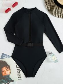 SHEIN Swim Zip Front One Piece Swimsuit