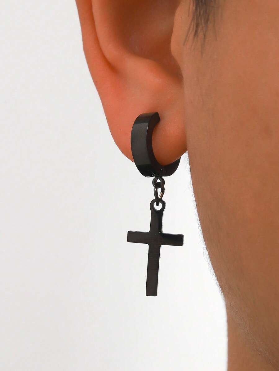 時尚流行1入組時尚不銹鋼十字裝飾男士耳夾日常裝飾珠寶禮物和時尚外觀 - 黑色 - 查看 1