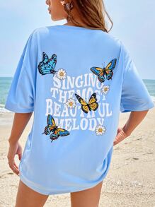 SHEIN Qutie Butterfly & Slogan Graphic Drop Shoulder Tee - Baby Blue - View 1