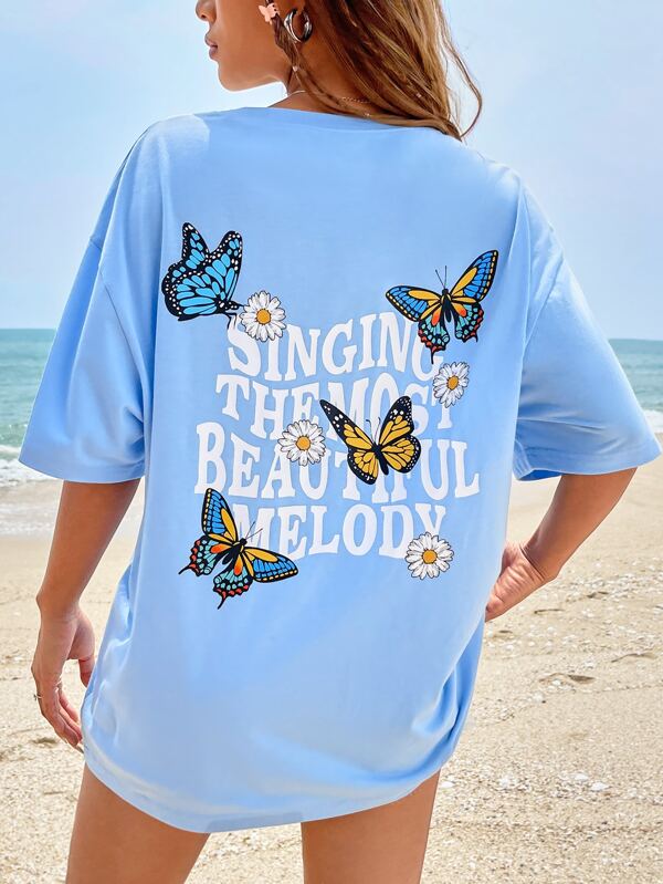 SHEIN Qutie Butterfly & Slogan Graphic Drop Shoulder Tee