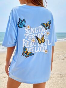 SHEIN Qutie Butterfly & Slogan Graphic Drop Shoulder Tee - Baby Blue - View 4