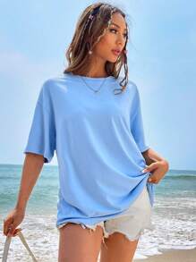 SHEIN Qutie Butterfly & Slogan Graphic Drop Shoulder Tee - Baby Blue - View 6